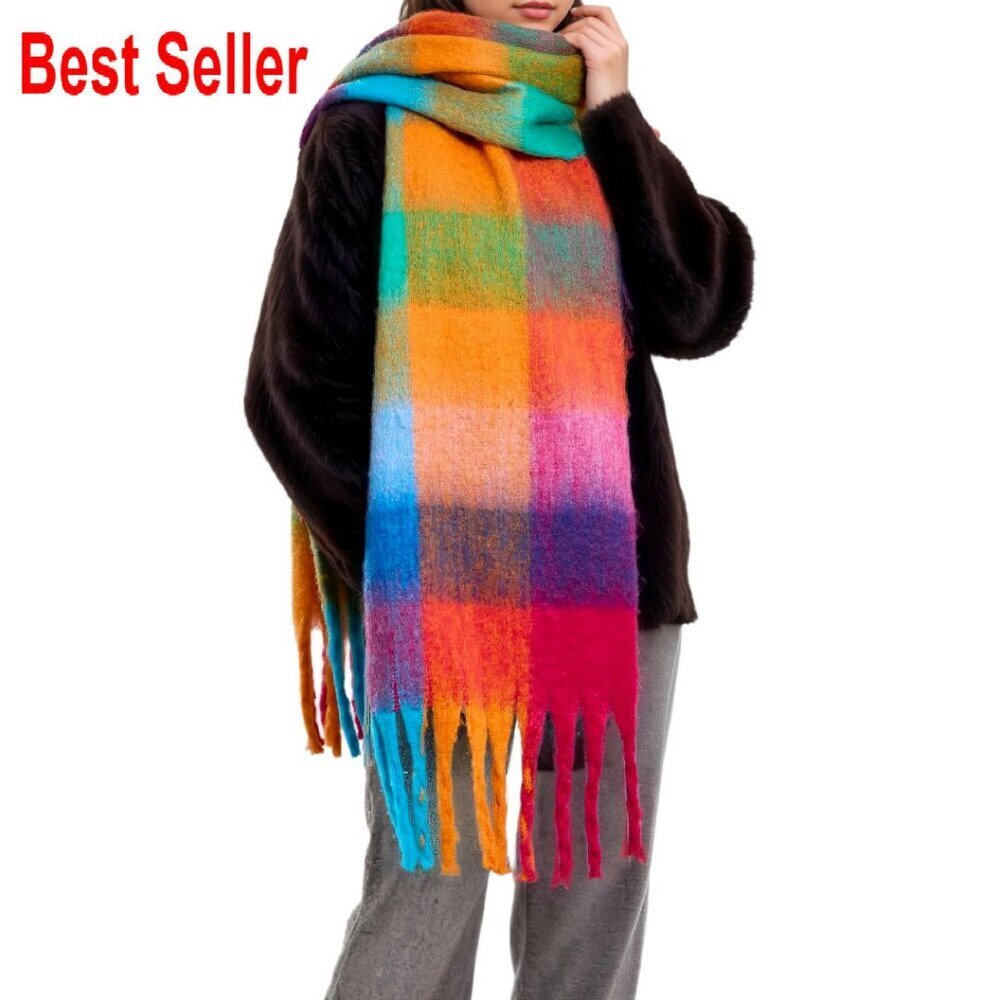 Oversized Plaid Scarf Cozy Blanket Wrap Thick Soft Winter Fashion Accessory